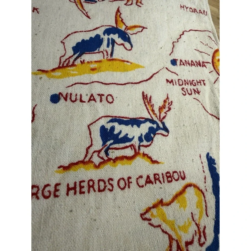 VTG Majestic Alaska Map Souvenir Linen Tablecloth Handkerchief LARGE 44x49 60s